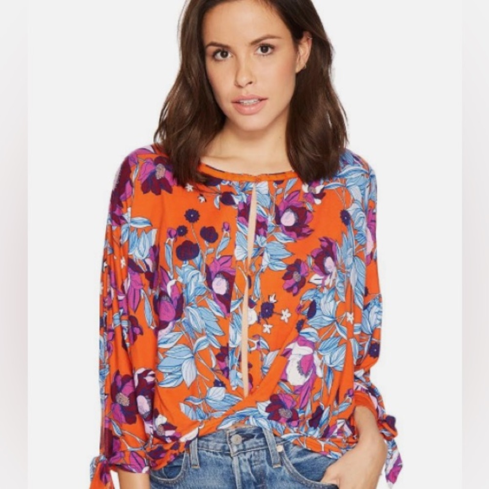Free People Red Orange Purple Blue Floral Print Dolman Sleeve Top Size L…